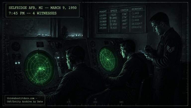 Radar operators tracking an erratic target over Selfridge AFB, Michigan at night, March 9, 1950