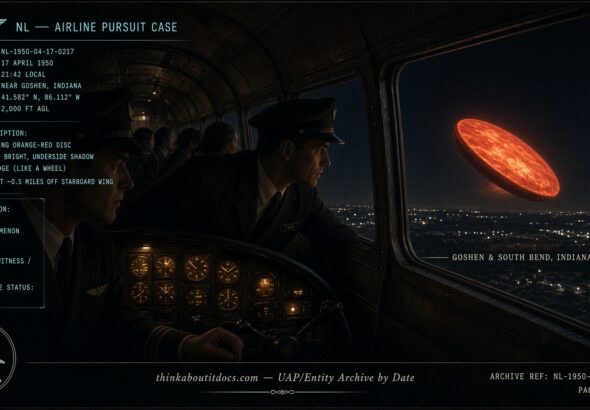 TWA DC-3 pilots watching a glowing red disc pace their aircraft near Goshen, Indiana, April 1950