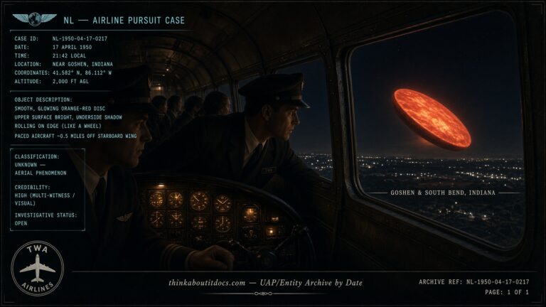 TWA DC-3 pilots watching a glowing red disc pace their aircraft near Goshen, Indiana, April 1950