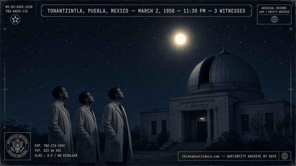 Three astronomers at the Tonantzintla Observatory, Mexico watching a brilliant round object cross the night sky, March 2, 1950