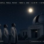 Three astronomers at the Tonantzintla Observatory, Mexico watching a brilliant round object cross the night sky, March 2, 1950