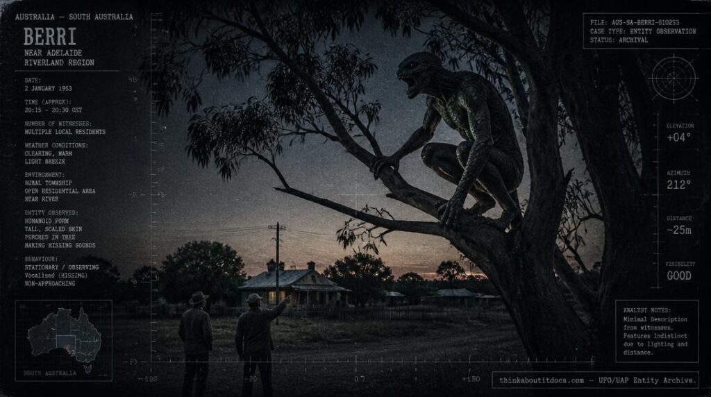 Illustration of the 1953 Berri, South Australia creature encounter showing a tall scaly humanoid perched in a tree at dusk