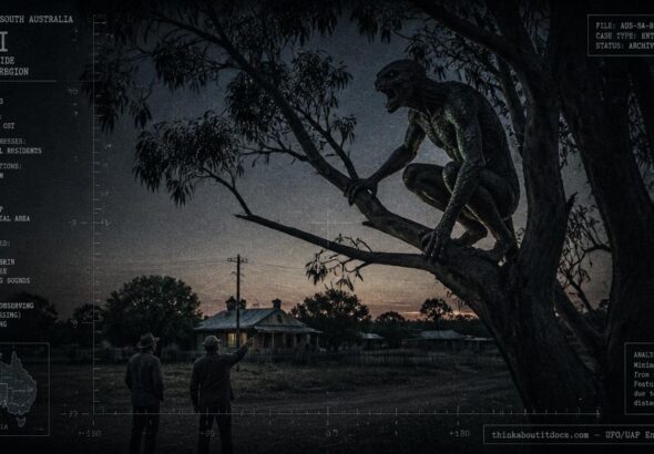 Illustration of the 1953 Berri, South Australia creature encounter showing a tall scaly humanoid perched in a tree at dusk