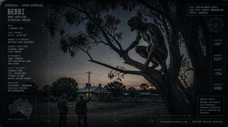 Illustration of the 1953 Berri, South Australia creature encounter showing a tall scaly humanoid perched in a tree at dusk