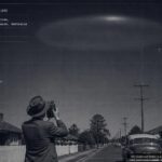 Illustration of the 1953 North Bankstown, NSW UFO case showing a man photographing a large indistinct object in the sky