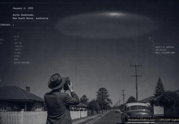 Illustration of the 1953 North Bankstown, NSW UFO case showing a man photographing a large indistinct object in the sky