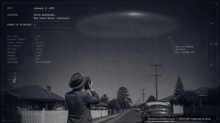 Illustration of the 1953 North Bankstown, NSW UFO case showing a man photographing a large indistinct object in the sky