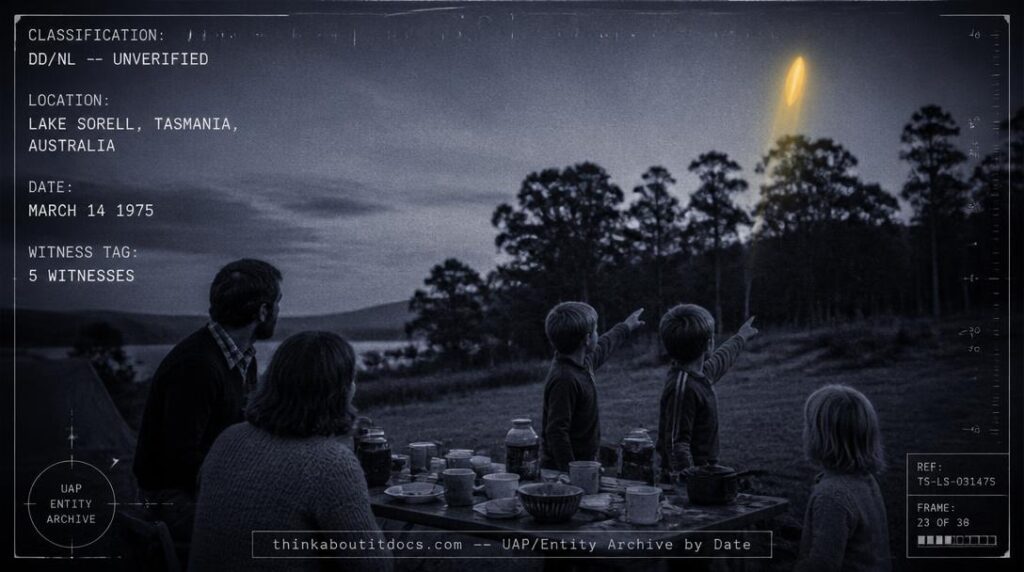 A bright yellow, football-shaped object rising from behind trees near Lake Sorell, Tasmania at dusk, March 1975