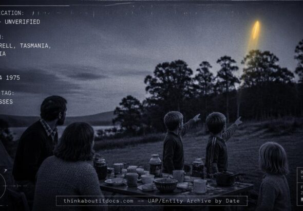 A bright yellow, football-shaped object rising from behind trees near Lake Sorell, Tasmania at dusk, March 1975