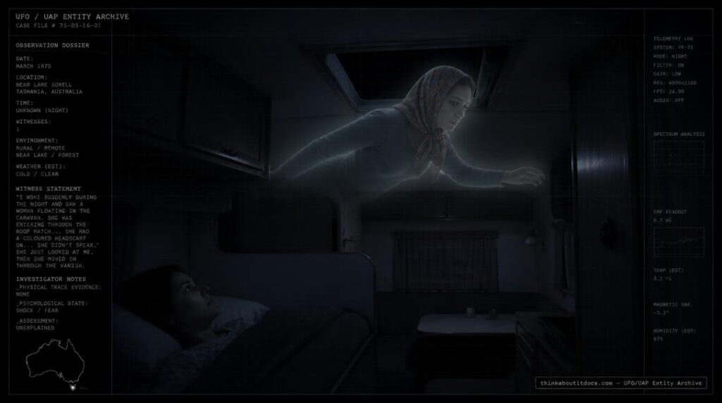 Illustration of the 1975 Lake Sorell, Tasmania entity encounter showing a floating female figure entering a caravan through the roof hatch at night