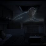 Illustration of the 1975 Lake Sorell, Tasmania entity encounter showing a floating female figure entering a caravan through the roof hatch at night