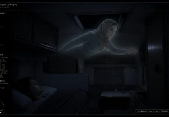 Illustration of the 1975 Lake Sorell, Tasmania entity encounter showing a floating female figure entering a caravan through the roof hatch at night