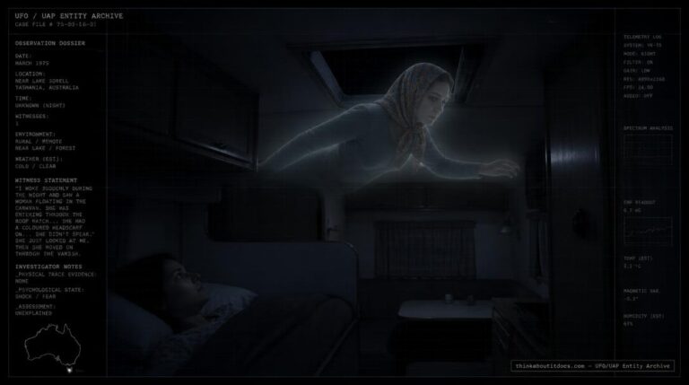 Illustration of the 1975 Lake Sorell, Tasmania entity encounter showing a floating female figure entering a caravan through the roof hatch at night