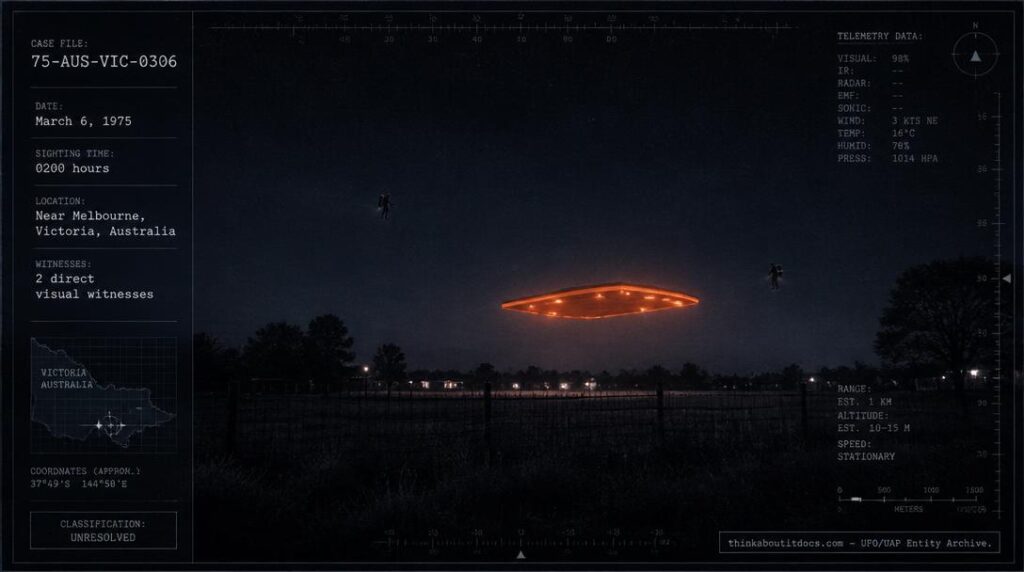 Illustration of the 1975 Melbourne, Australia UFO encounter showing a hovering orange hexagonal craft with two humanoid figures flying nearby using backpack devices