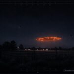 Illustration of the 1975 Melbourne, Australia UFO encounter showing a hovering orange hexagonal craft with two humanoid figures flying nearby using backpack devices