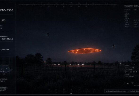 Illustration of the 1975 Melbourne, Australia UFO encounter showing a hovering orange hexagonal craft with two humanoid figures flying nearby using backpack devices