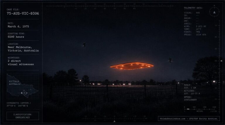 Illustration of the 1975 Melbourne, Australia UFO encounter showing a hovering orange hexagonal craft with two humanoid figures flying nearby using backpack devices