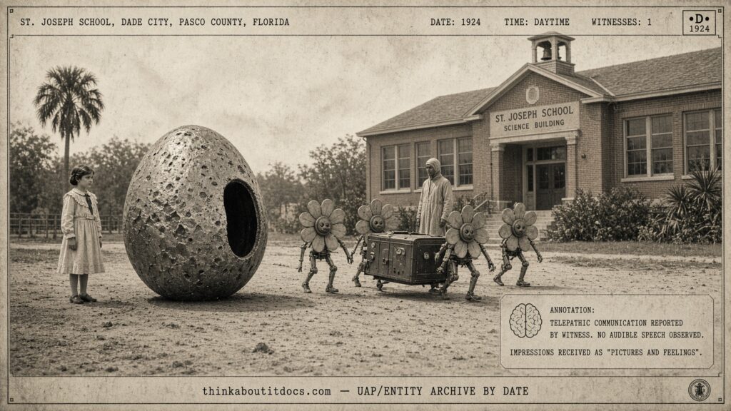 Schoolgirl Evelyn Wendt beside egg-shaped craft and flower-shaped robotic beings, Dade City Florida, 1924