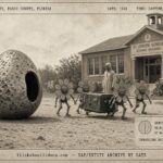 Schoolgirl Evelyn Wendt beside egg-shaped craft and flower-shaped robotic beings, Dade City Florida, 1924