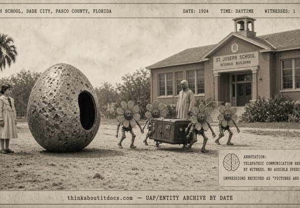 Schoolgirl Evelyn Wendt beside egg-shaped craft and flower-shaped robotic beings, Dade City Florida, 1924