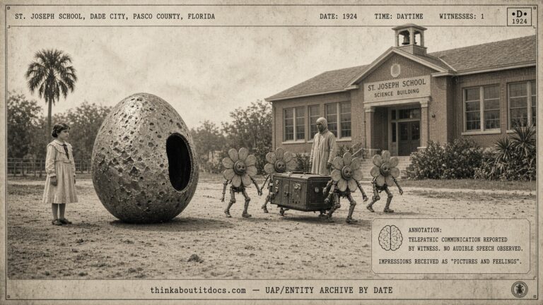 Schoolgirl Evelyn Wendt beside egg-shaped craft and flower-shaped robotic beings, Dade City Florida, 1924