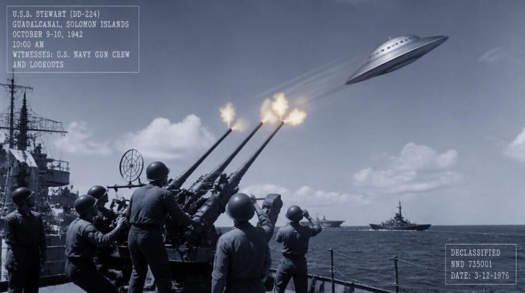 Silvery domed disc banking away from U.S. Navy anti-aircraft fire above a destroyer during the Guadalcanal campaign, October 1942