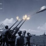 Silvery domed disc banking away from U.S. Navy anti-aircraft fire above a destroyer during the Guadalcanal campaign, October 1942