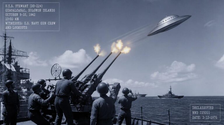 Silvery domed disc banking away from U.S. Navy anti-aircraft fire above a destroyer during the Guadalcanal campaign, October 1942