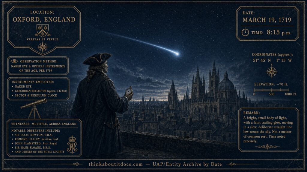 A bright whitish-blue object moving slowly across the night sky above Oxford, England, timed and documented by Edmond Halley for the Royal Society, March 19, 1719