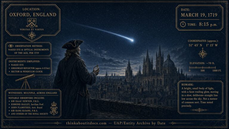 A bright whitish-blue object moving slowly across the night sky above Oxford, England, timed and documented by Edmond Halley for the Royal Society, March 19, 1719