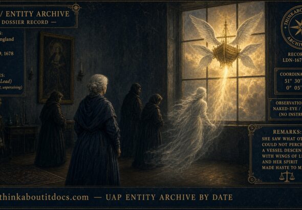 A golden, four-winged ship descending outside a London window while silent figures stand motionless and a translucent second figure runs toward it, February 9, 1678