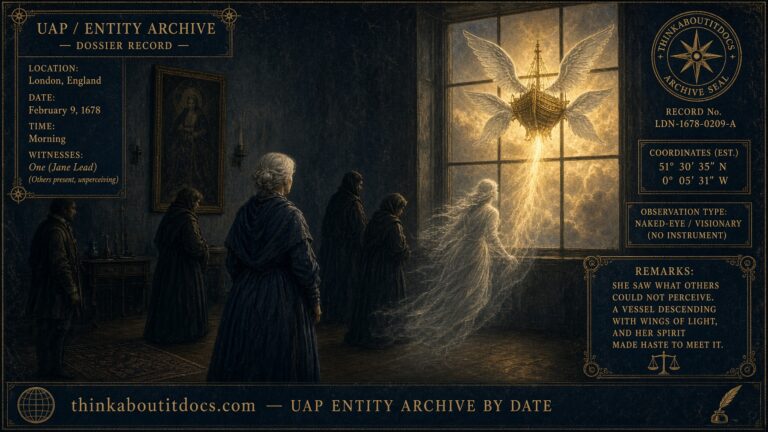 A golden, four-winged ship descending outside a London window while silent figures stand motionless and a translucent second figure runs toward it, February 9, 1678