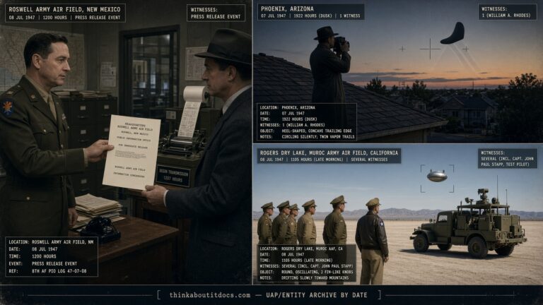 Three-panel dossier collage: the Roswell press release, William Rhodes's Phoenix photographs, and the Muroc Army Air Field sighting, July 5-8 1947