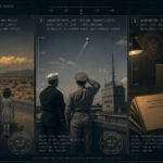 Three-panel dossier collage: astronomer Lincoln LaPaz's Fort Sumner sighting, the Squantum Naval Air Station Massachusetts sighting, and the symbolic onset of government secrecy, late July 1947