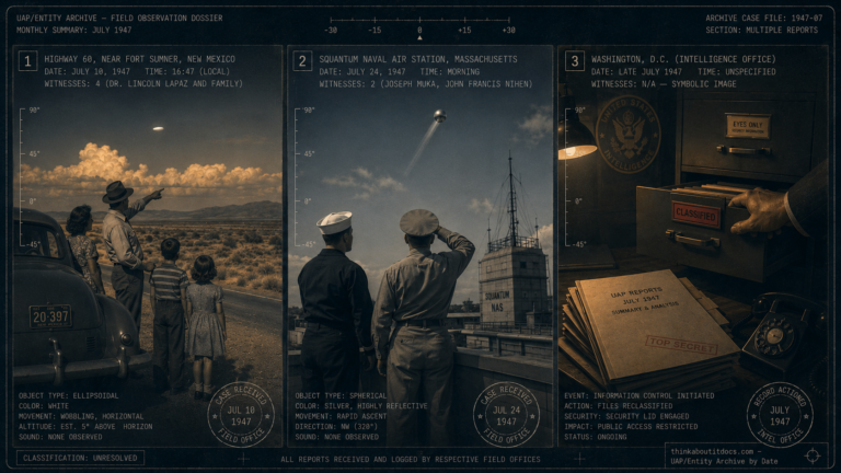 Three-panel dossier collage: astronomer Lincoln LaPaz's Fort Sumner sighting, the Squantum Naval Air Station Massachusetts sighting, and the symbolic onset of government secrecy, late July 1947