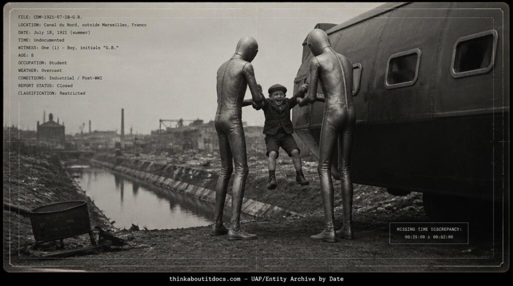 Boy lifted by two tall metallic-suited beings toward tank-like craft near Canal du Nord, Marseilles, 1921