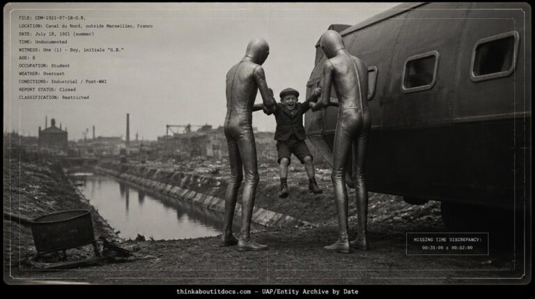 Boy lifted by two tall metallic-suited beings toward tank-like craft near Canal du Nord, Marseilles, 1921