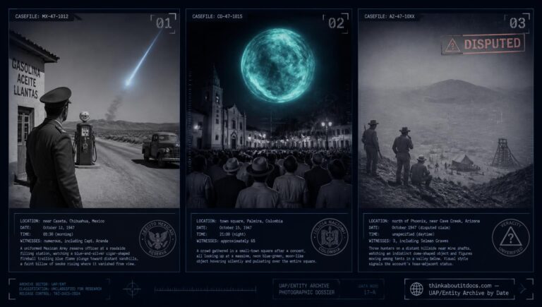 Three-panel dossier collage: the Guadalupe Mexico fireball, the Palmira Colombia town square sighting, and the disputed Paradise Valley Arizona crash claim, October 1947