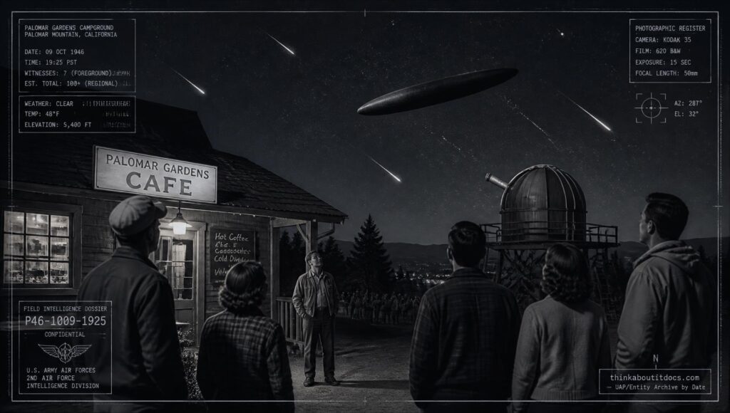 Campground visitors at Palomar Gardens watch a large dark cigar-shaped object hover during a meteor shower, October 9, 1946