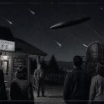 Campground visitors at Palomar Gardens watch a large dark cigar-shaped object hover during a meteor shower, October 9, 1946