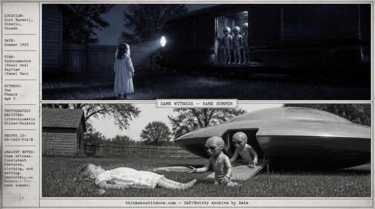 Five-year-old girl's two 1925 abduction incidents at Port Burwell Ontario with gray beings and yellow-skinned beings