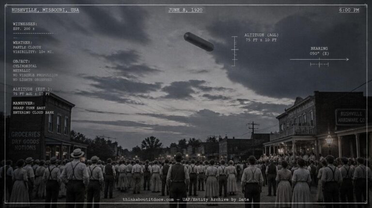 Dark cylindrical UFO turning east over 200 witnesses in Rushville Missouri, June 8 1920