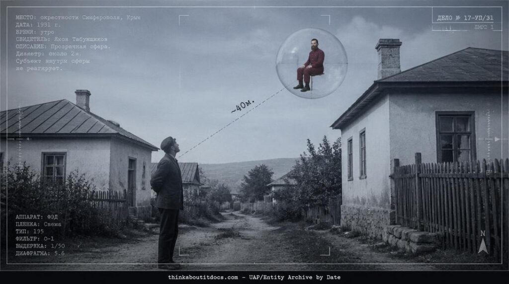 Transparent globe with red-bearded seated occupant hovering near Simferopol Crimea, 1931