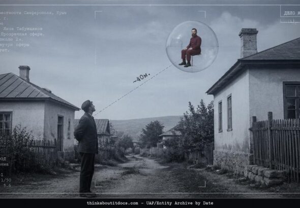 Transparent globe with red-bearded seated occupant hovering near Simferopol Crimea, 1931