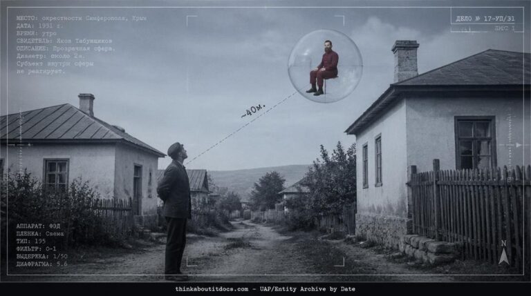 Transparent globe with red-bearded seated occupant hovering near Simferopol Crimea, 1931
