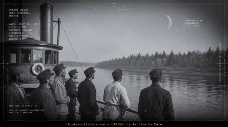 Crescent-shaped UFO the size of the moon observed from steamship on Vyatka River near Sosnovka Russia, July 1923