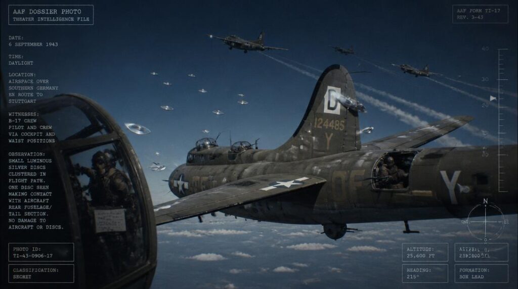 Small luminous discs among a B-17 bomber formation over Germany during the September 6, 1943 Stuttgart raid, one making contact with an aircraft's tail with no damage