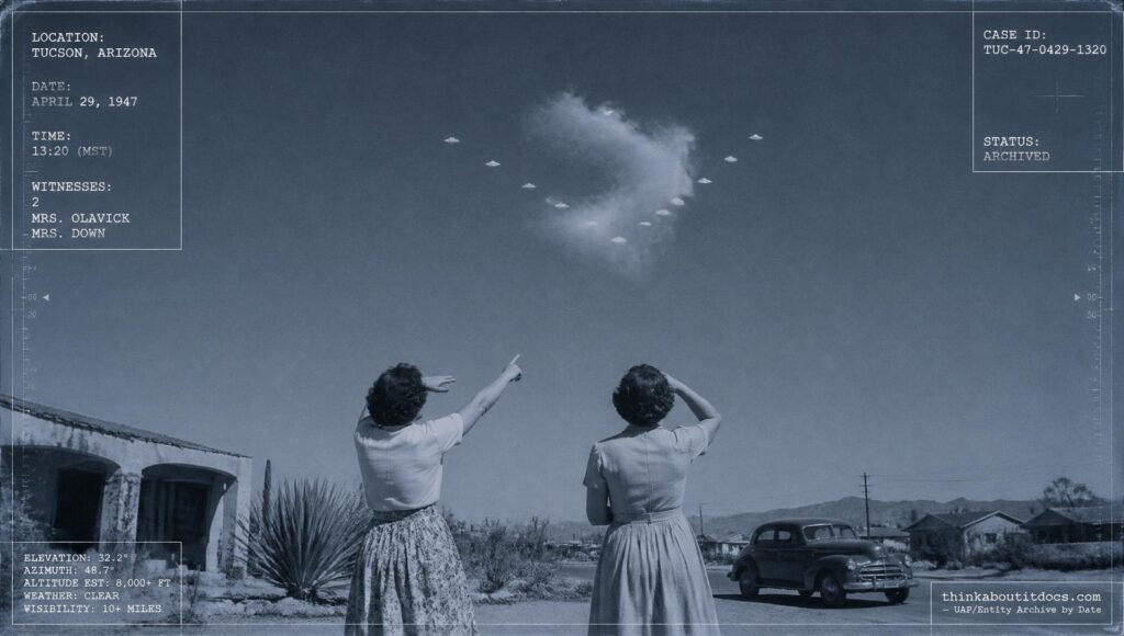 Nine white discs and a tenth object weave in and out of an isolated, unnatural cloud over Tucson, Arizona, April 29, 1947