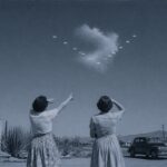 Nine white discs and a tenth object weave in and out of an isolated, unnatural cloud over Tucson, Arizona, April 29, 1947