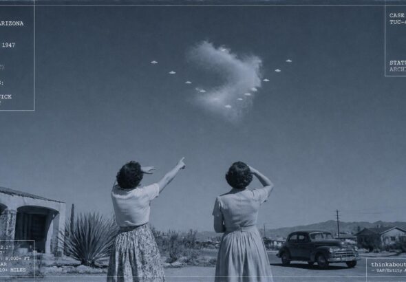 Nine white discs and a tenth object weave in and out of an isolated, unnatural cloud over Tucson, Arizona, April 29, 1947
